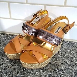 Not Rater Tan/Silver Glitzy Detail Platform Wedge Sandals. Size 7